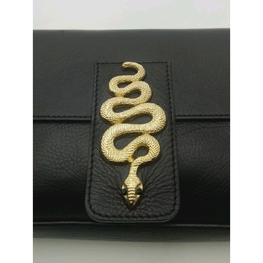 House of Harlow 60s Black Handbag Genuine Leather Purse Italy Gold Snake Accent - Picture 2 of 16